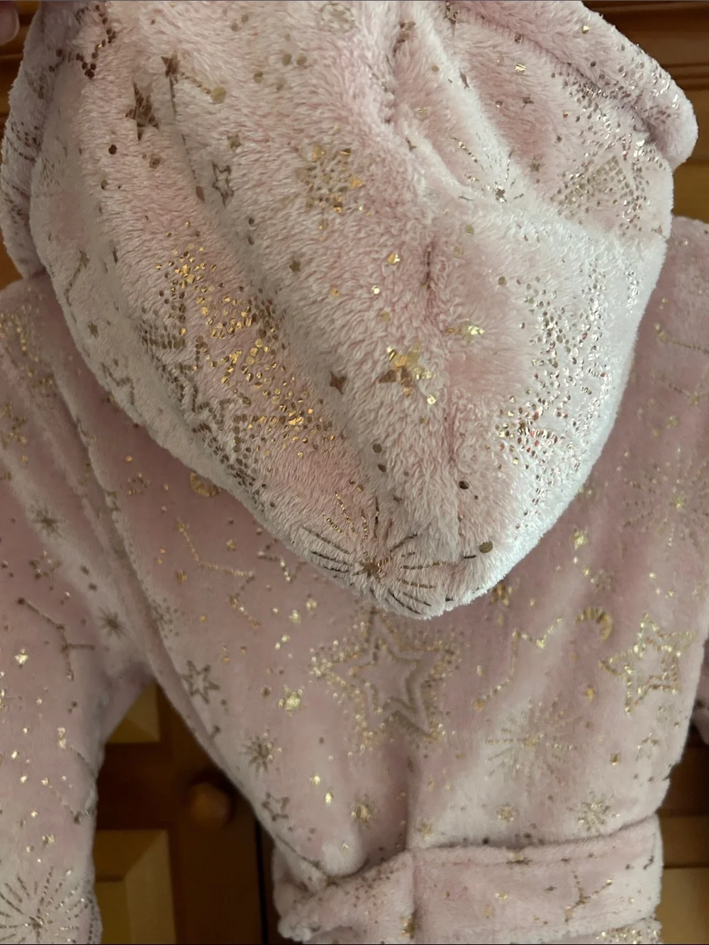 Justice Girls Light Pink Hooded Star-Print Plush Robe with White Lining